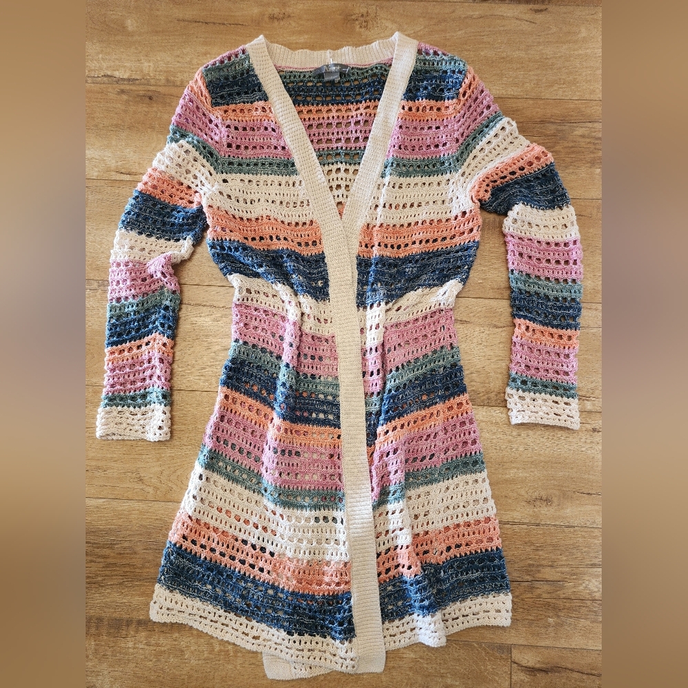 Natural Reflections Granny Crochet Women L Striped Open Front Cardigan Coverup